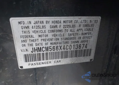 2004 Honda Accord 2.4 Ex из США, поврежденный, VIN JHMCM566X4C013674